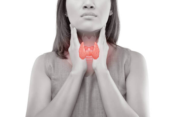 Women thyroid gland control. Sore throat of a people isolated on white background.
