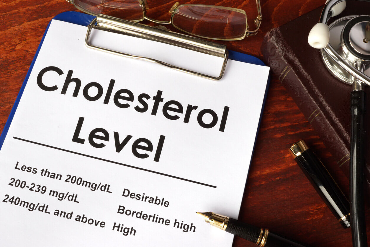 An image displays a document containing a cholesterol level chart placed on a table.